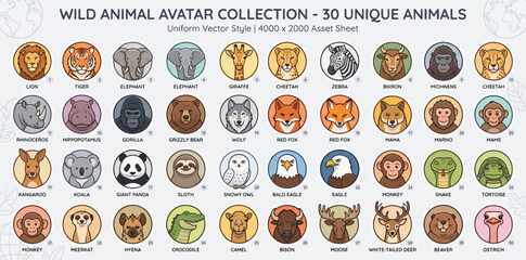 Naklejka premium Safari, Jungle, and Wild Animals Avatar Vector Collection