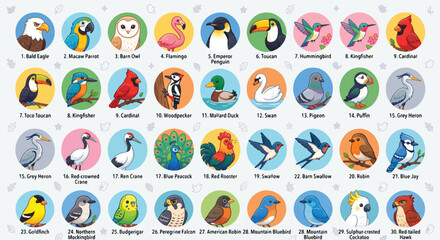 Naklejka premium Diverse Birds and Poultry Avatar Collection, Wildlife Vector Icons