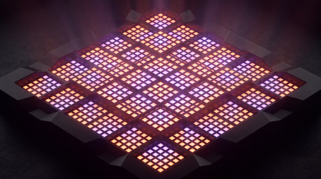 A high-tech background featuring a geometric grid of glowing orange and purple LED light squares on a dark metallic surface with soft volumetric lighting.