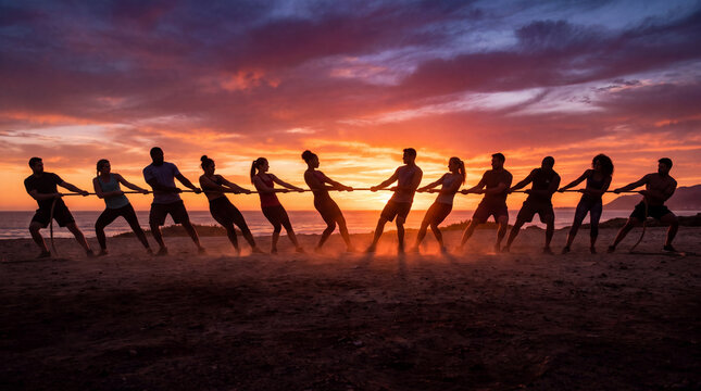 A large diverse group of people plays a competitive game of tug of war on a sandy beach against a vibrant, dramatic orange and purple sunset sky.