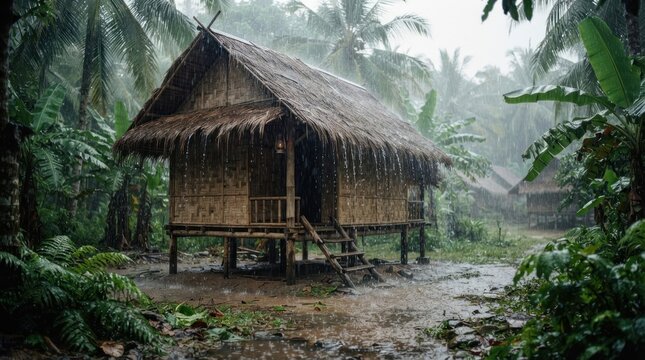A traditional bamboo hut in a tropical rainforest during a heavy rainstorm.