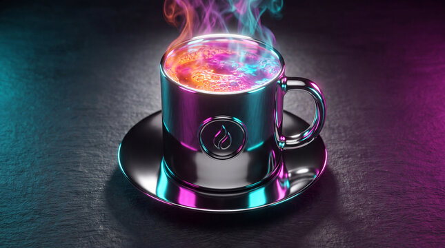 A sleek metallic coffee cup on a saucer emitting swirling neon pink and blue steam against a dark, moody background with vibrant lighting effects.