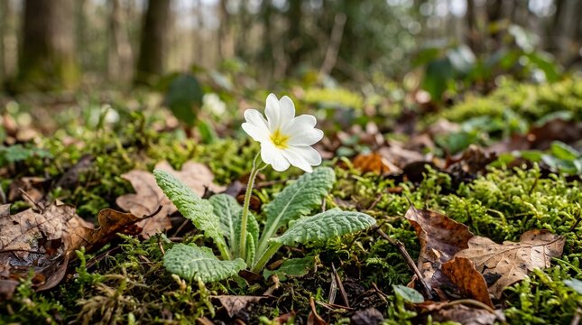 Single wild primrose flower blooming in a mossy forest floor in early spring