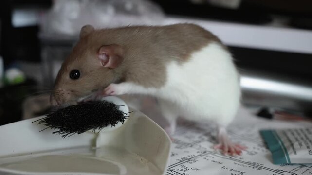 cute domestic gray white decorative rat on a walk runs across the desktop. domestic rodents favorite. very cute