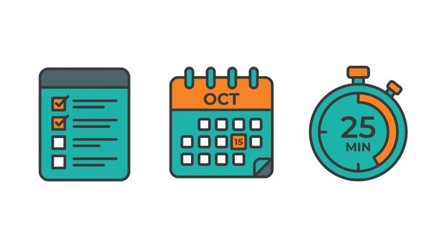 Flat lay of productivity tools with calendar, checklist, and 25-minute timer for time management