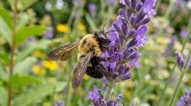 Carpenter bee collecting nectar on purple lavender flowers in a summer garden