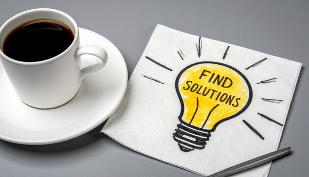 White Ceramic Coffee Cup Beside Napkin Drawn with Glowing Lightbulb and FIND SOLUTIONS Text on Gray Surface
