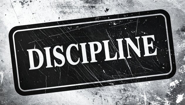 Black Distressed Rectangular Stamp Graphic with Bold White DISCIPLINE Text Tilted on Scratched Dark Background