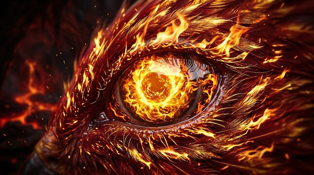 Close up of a mythical dragon eye glowing with intense fire and burning flames