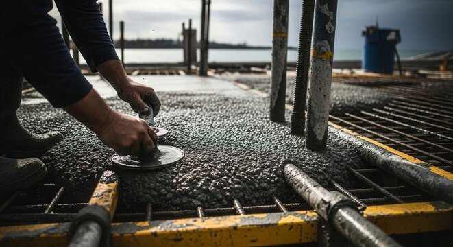 Construction Worker Smoothes Fresh Concrete On Building Site