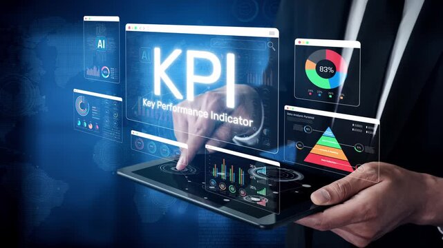Business professional using digital interface to analyze KPI metrics and performance data through futuristic touchscreen technology Sigmoid