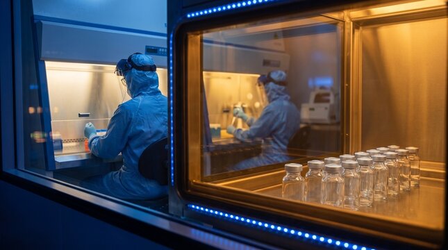 Specialists work behind shielded glass in pharma suite