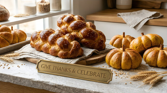 Beautiful autumnal baked goods featuring golden challah bread and delightful pumpkin shaped rolls presented on a rustic wooden surface with