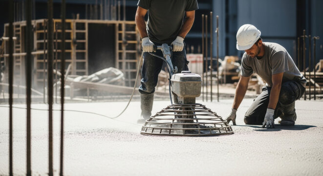 Construction Crew Finishing Concrete Foundation Surface With Power Trowel Smooth Finish