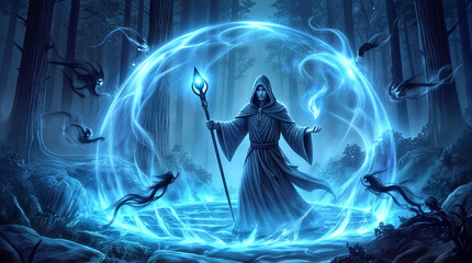 Naklejka premium Sorcerer casting protective energy shield in dark mystical forest. Wizard holding magical staff while surrounded by shadowy spirits.
