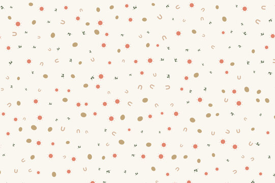 Seamless pattern with cute hand drawn suns rainbows and leaves on a soft cream background