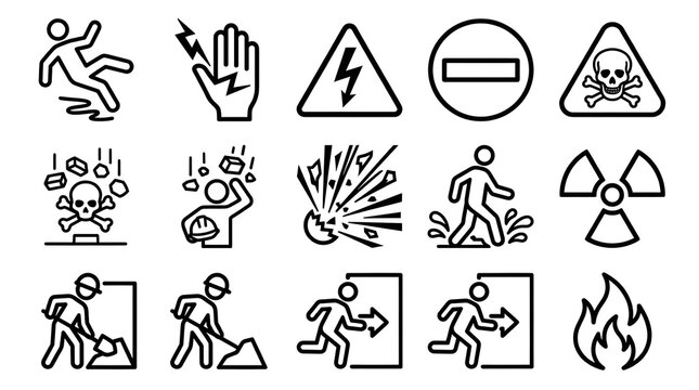 Set of black linear hazard icons containing various safety symbols on white background for signage.