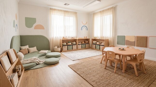 Calm inclusive classroom with sensory learning zones