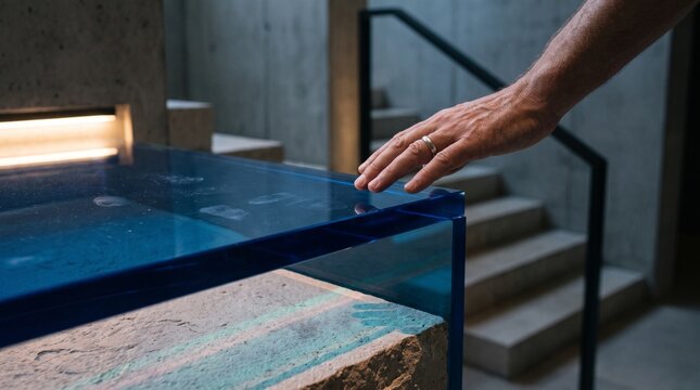 Guest hand meets colored glass in a stair gallery