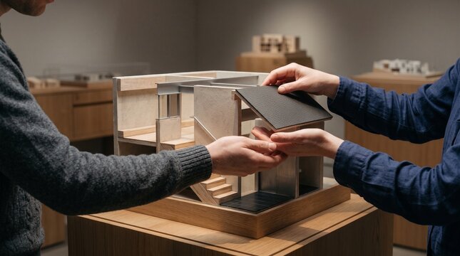 Hands explore an architectural cross-section model at a museum