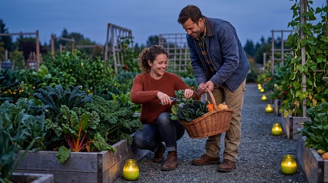 Friends harvest leafy greens before garden supper