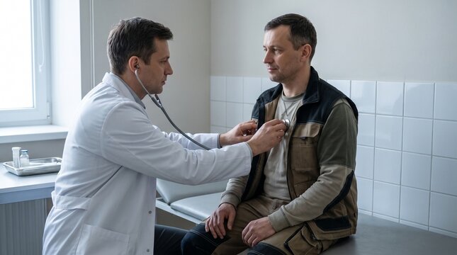 Clinician performs workplace health screening for field worker