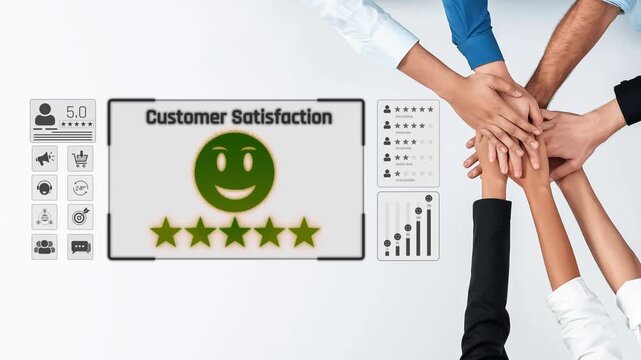 Hands join together to represent teamwork and collaboration focused on customer satisfaction, complemented by a smiley icon and five-star rating in a professional setting. Raster