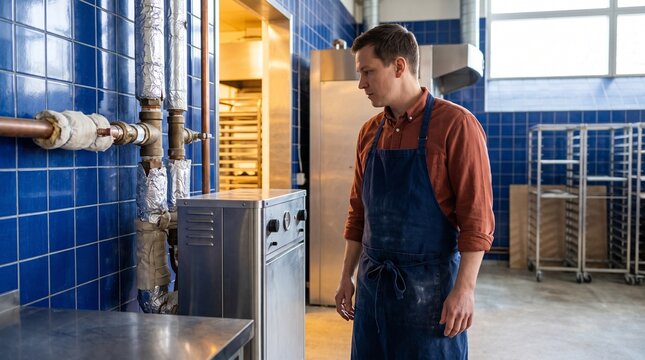 Baker inspects district heat connection in bakery