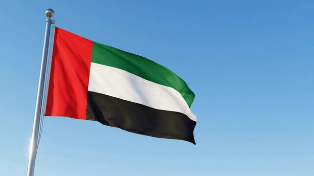 United arab emirates flag waving in the wind against a clear blue sky national symbol