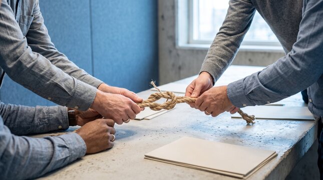 Colleagues loosen a rope knot to agree workplace boundaries