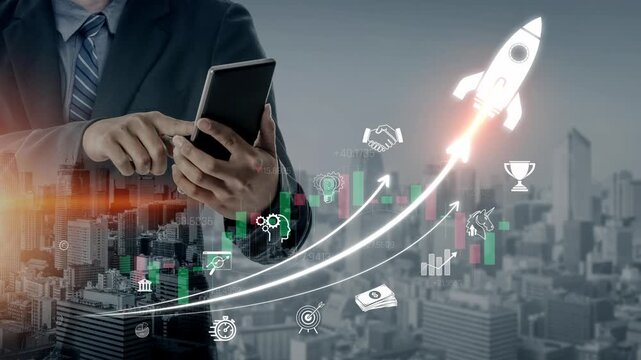 Businessman Using Smartphone with Growth Graphs and Rocket Launch Icons on City Skyline Background for Financial Success Concept Sigmoid