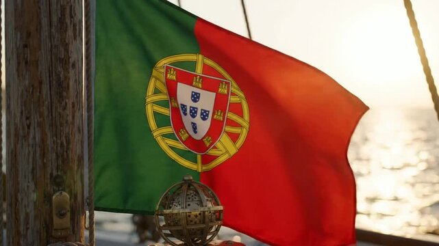 Portuguese flag waving on a sailboat at sunset with nautical compass, maritime travel concept portugal