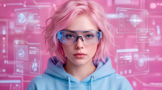 Female software engineer wearing smart glasses while interacting with futuristic holographic interfaces. Gen Z woman in tech working with augmented reality data displays in pink digital environment.