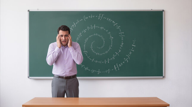 Educator feeling overwhelmed by complex mathematical equations on green chalkboard. Academic pressure and difficulty in problem solving within a classroom setting.
