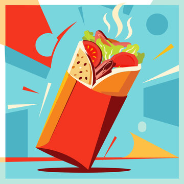 Vector illustration of a delicious doner kebab wrap with ingredients. This is a vibrant, modern vector illustration of a tasty doner kebab, also known as a shawarma wrap.
