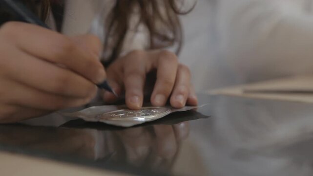 Close-up of artist hands embossing intricate patterns onto metal sheet with styling tool
