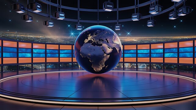 Modern virtual news studio with world globe
