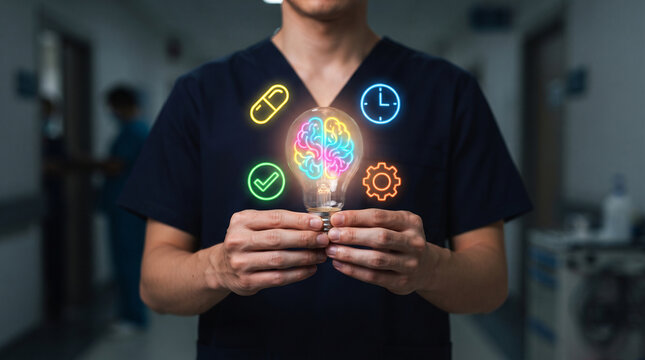 Healthcare ai agent holding light bulb with brain icon in dark hospital corridor