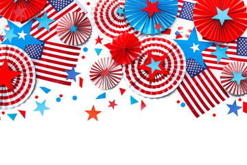 Fototapeta premium Fourth of July USA Independence Day festive celebration background with copy space. Handmade craft paper decorated fans with stars and stripes, USA flags