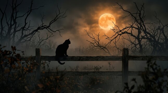Silhouette of a black cat sitting on a fence under a large full moon in a dark night forest