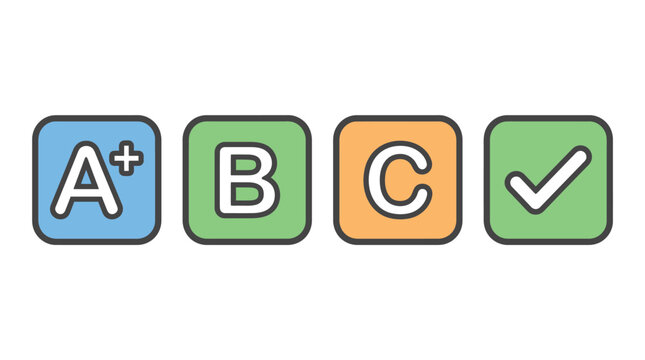 Colorful grading scale icons with A+ B C and checkmark symbols for education success