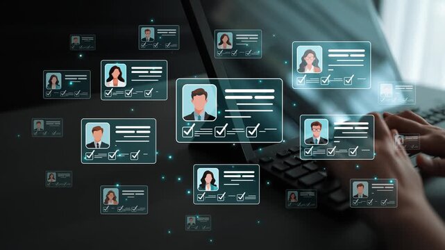 Digital Identity Verification Process with Floating User Profiles and Check Marks on a Laptop Screen Sigmoid