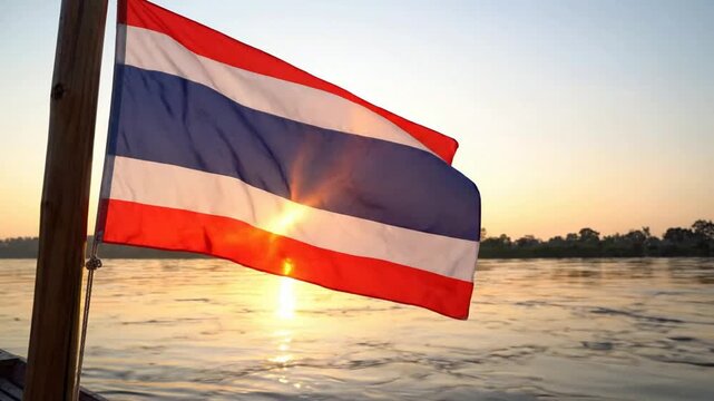 Thai flag waving on a boat at sunset over river, golden hour travel background, thailand national flag