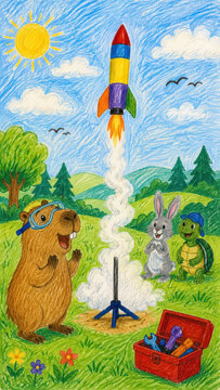 Capybara launching a colorful toy rocket into the sky. Child drawing style illustration featuring animal friends like a rabbit and turtle watching a science experiment in the field.
