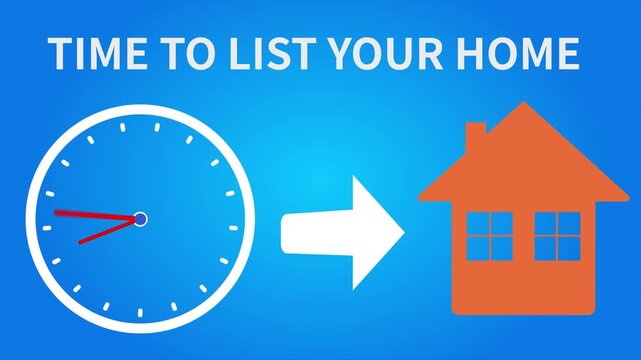Time to List Your Home Real Estate: Sell Your House Clock Animation Concept.