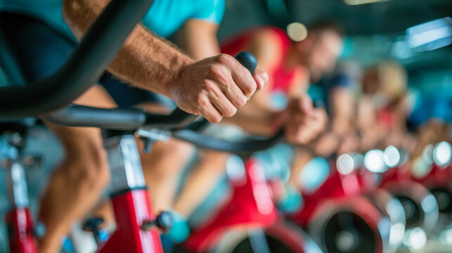 Close-up of a hand gripping an exercise bike during a group spinning class in a gym, representing cardio fitness, endurance, teamwork and energetic training