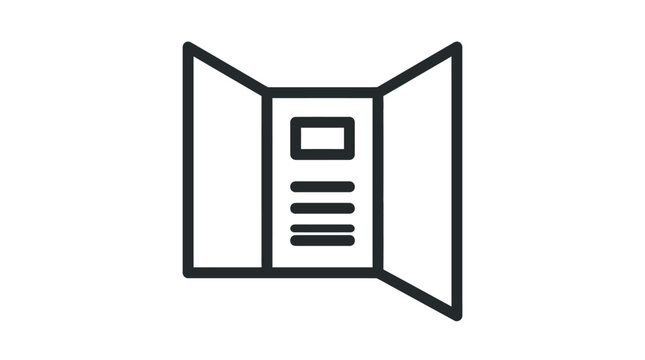 Minimalist black outline brochure icon featuring a tri-fold paper layout with clean sharp vector lines