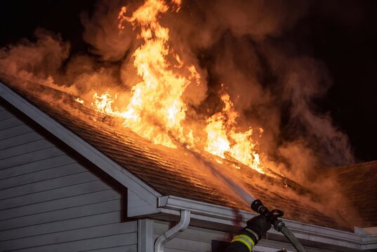 Firefighter extinguishing house roof fire with water hose at night