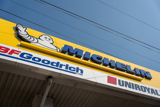 Modern Michelin tire shop facade, highlighting the Michelin tire brand logo. Commercial building with brand identity. Guadalajara, Jalisco, Mexico, May 2, 2026.