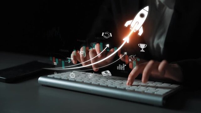 Hands on keyboard with rocket launch symbolizing growth and innovation in business, technology, and finance, ideal for motivational and entrepreneurial themes Sigmoid